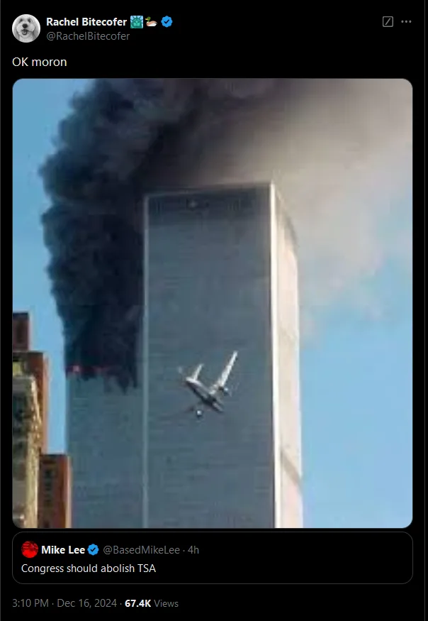 A screenshot of a tweet shows a photo of a commercial airplane flying directly toward the World Trade Center's North Tower…