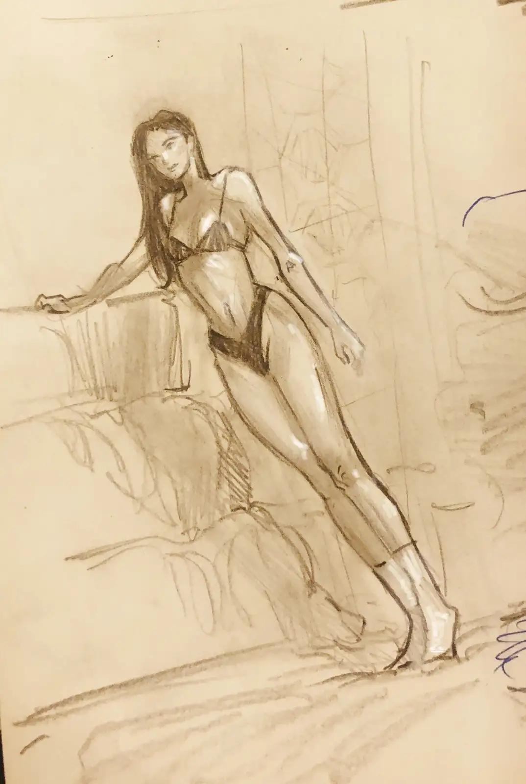 A pencil sketch of a woman in lingerie leaning against a bed, with visible sketch lines and unfinished background. The…