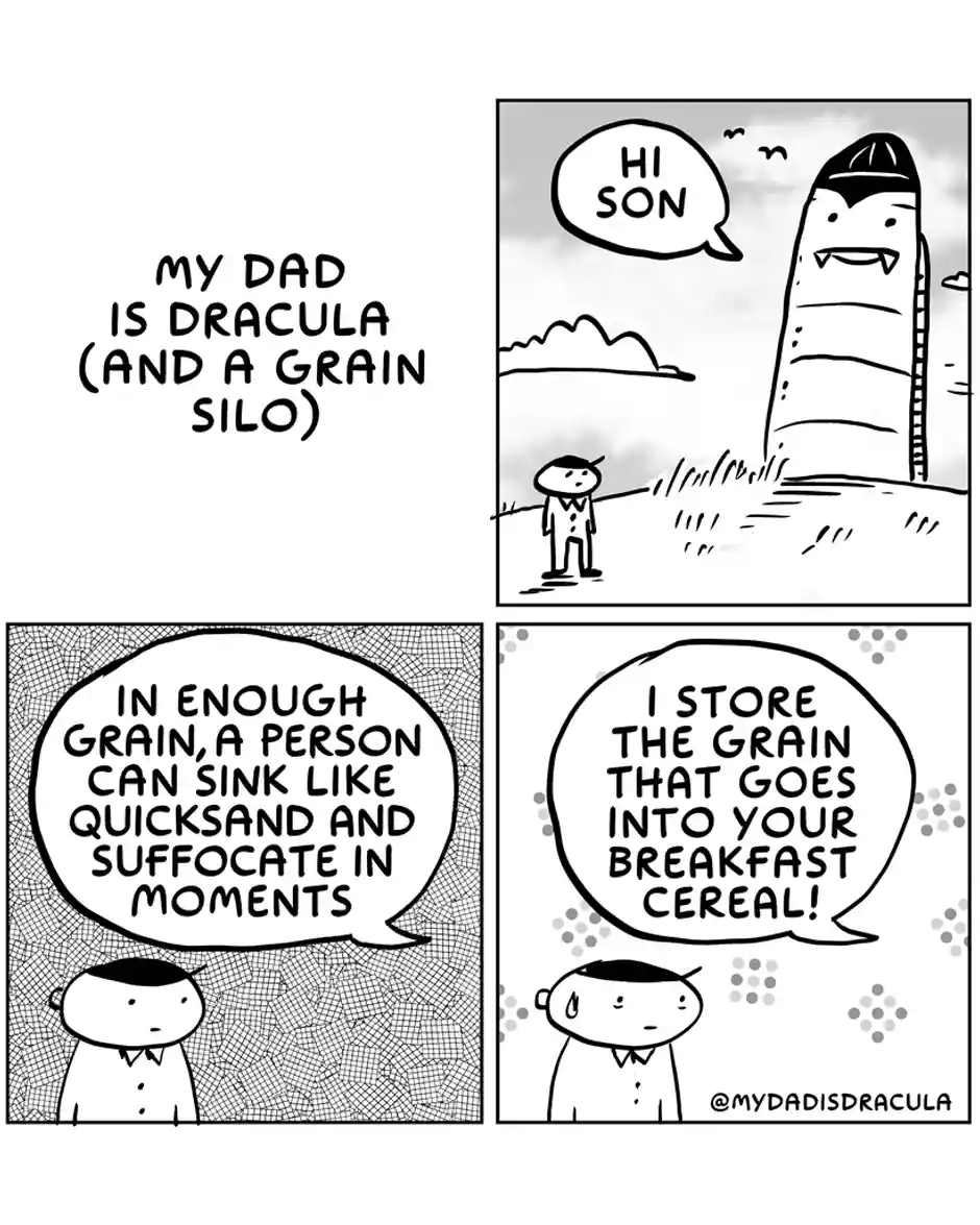 A four-panel comic titled 'MY DAD IS DRACULA (AND A GRAIN SILO)' shows a son meeting his father, who is a tall grain silo…