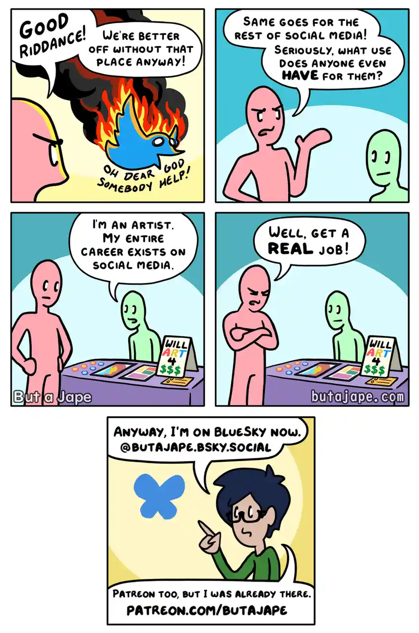 A four-panel comic strip by 'But a Jape' depicts a character burning the Twitter bird logo while exclaiming 'Good riddance!'…