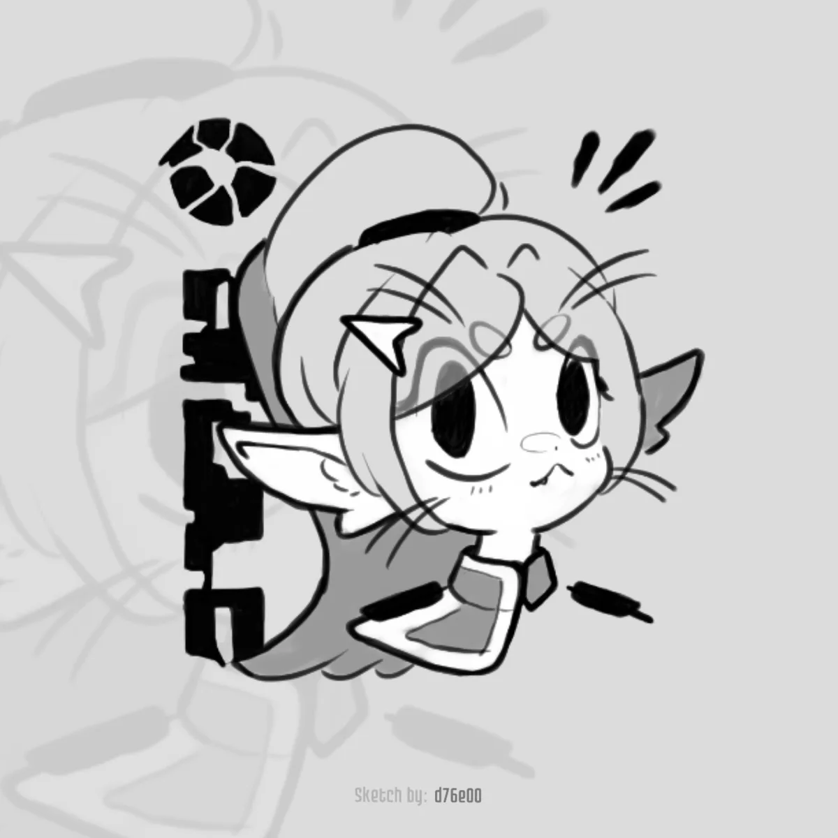 A black-and-white sketch of a chibi-style cat-like character with pointed ears and a star-shaped hair accessory, looking…