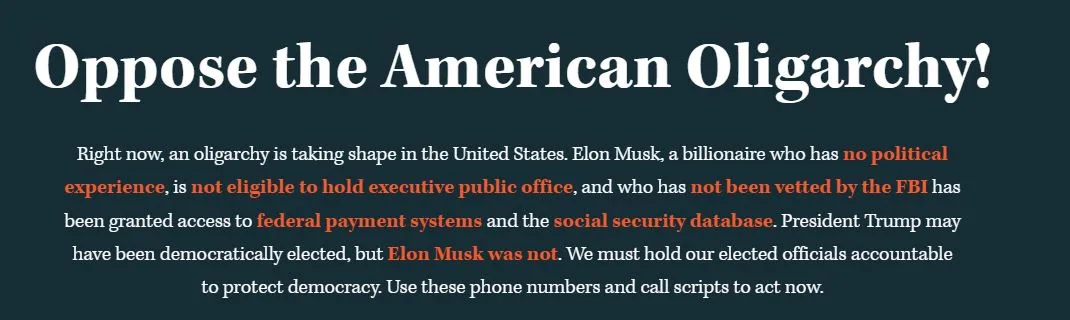 A dark teal background features large white text reading 'Oppose the American Oligarchy!' followed by smaller white text…