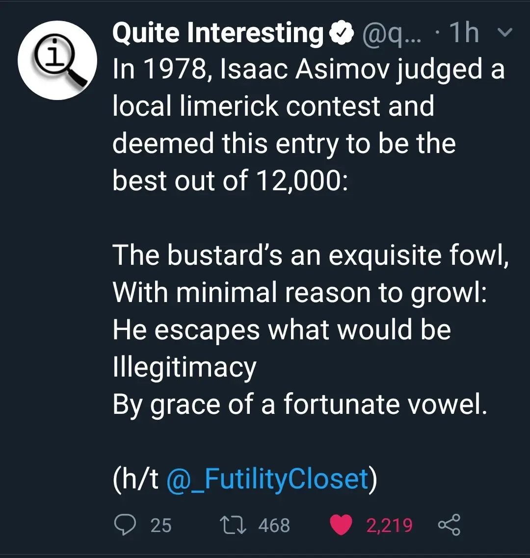 The image displays a dark-themed social media post from 'Quite Interesting' featuring a limerick judged by Isaac Asimov in…
