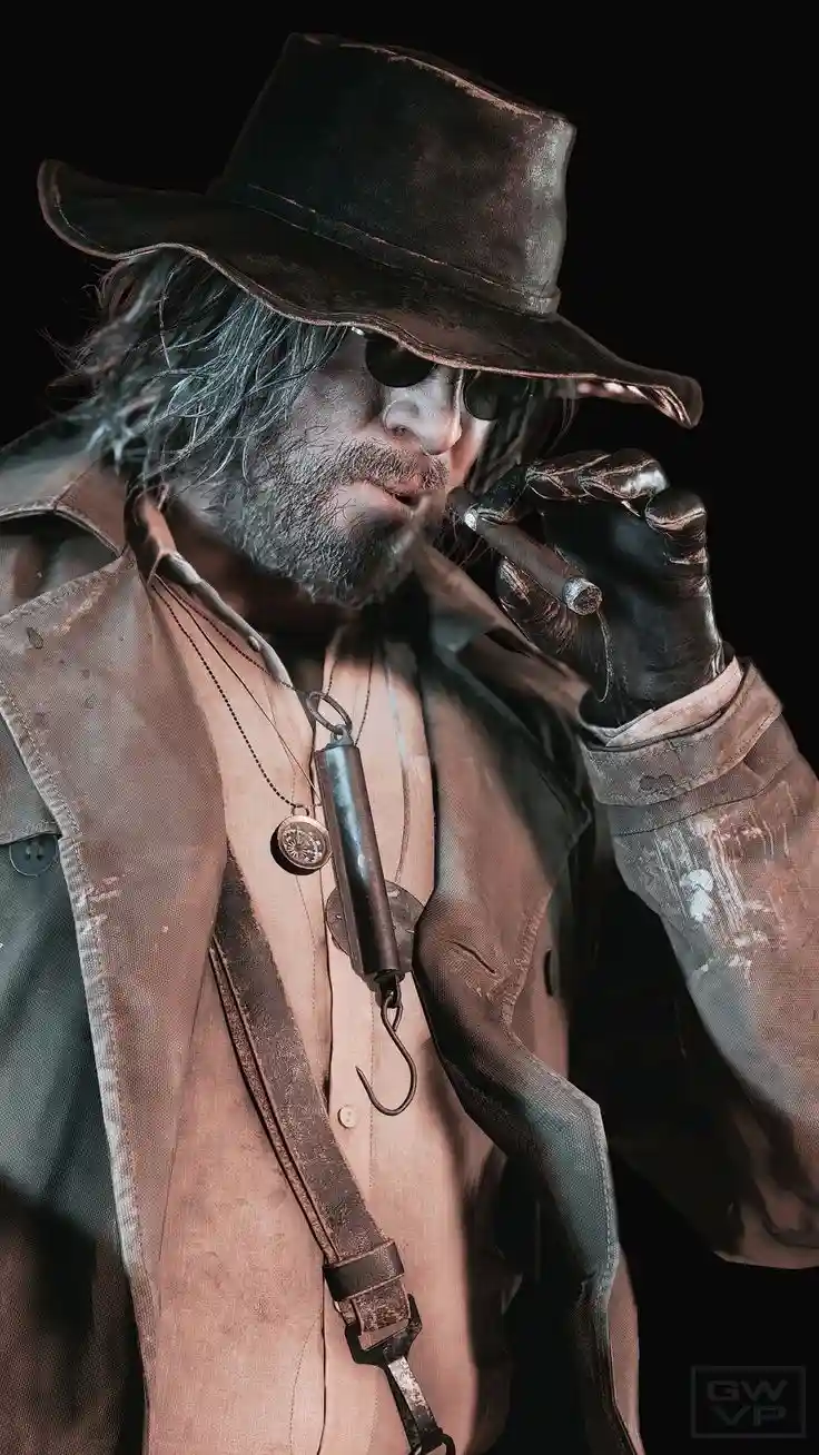 A man with a weathered face, wearing a wide-brimmed hat, sunglasses, and a worn trench coat, holds a cigar to his lips. He…