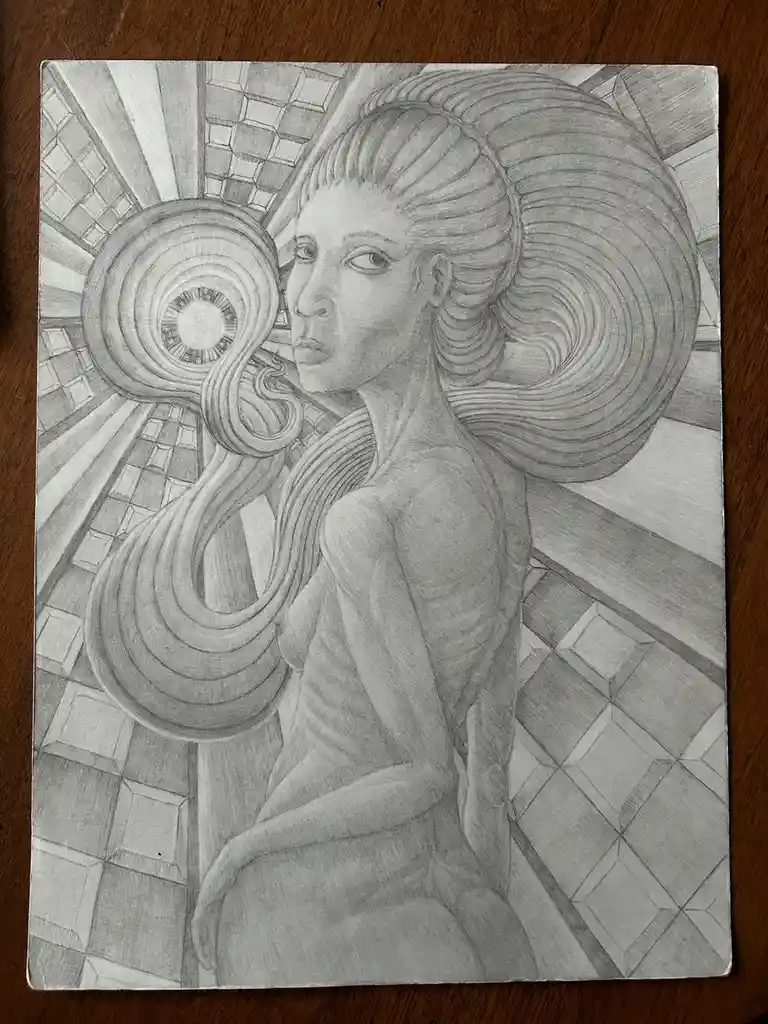 A detailed pencil drawing of a woman with long, flowing hair that forms swirling, spiral patterns around her head and body…