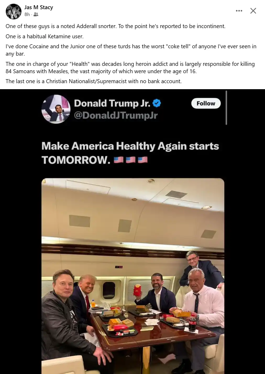 A screenshot of a tweet by Donald Trump Jr. showing him and four other men eating McDonald's food inside a private jet. The…