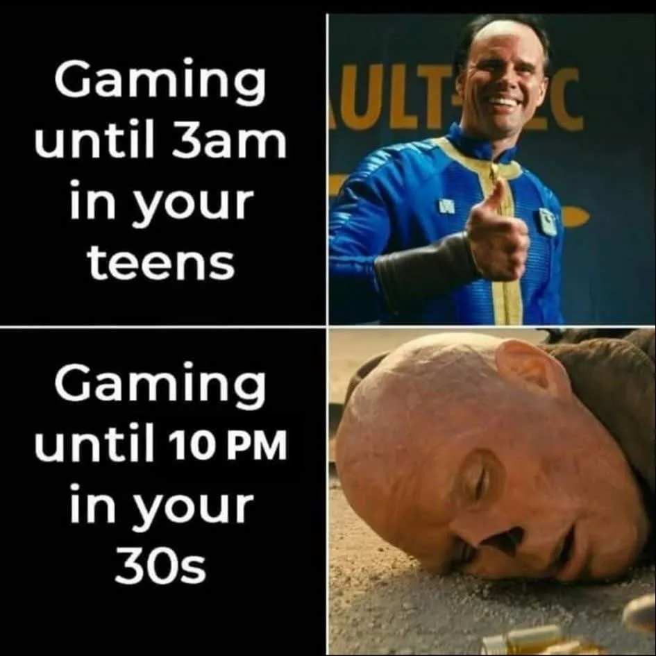 The image is a two-panel meme. Top panel shows a man in a blue Vault-Tec jumpsuit giving a thumbs-up with a wide, happy…