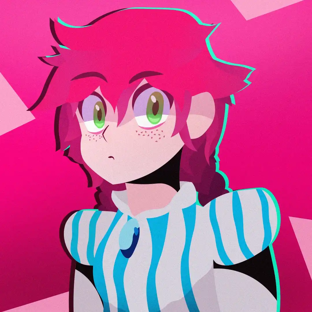 An anime-style character with pink hair and green eyes, wearing a blue-and-white striped shirt, stares with a slightly…