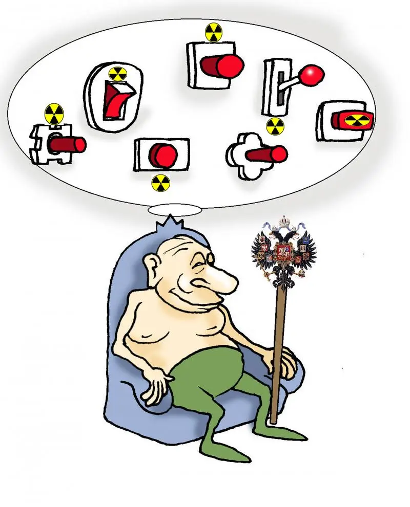 a cartoon depicts a bald, overweight man in green pants lounging in a blue armchair, holding a staff topped with the Russian…