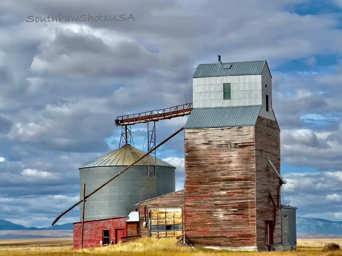 An image of a weathered, rustic grain elevator and silo complex in a vast, open field under a cloudy sky. The structures…