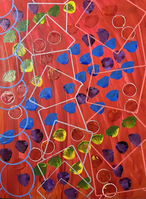An abstract painting with a vibrant red background features colorful, textured paint blobs in blue, green, yellow, and…