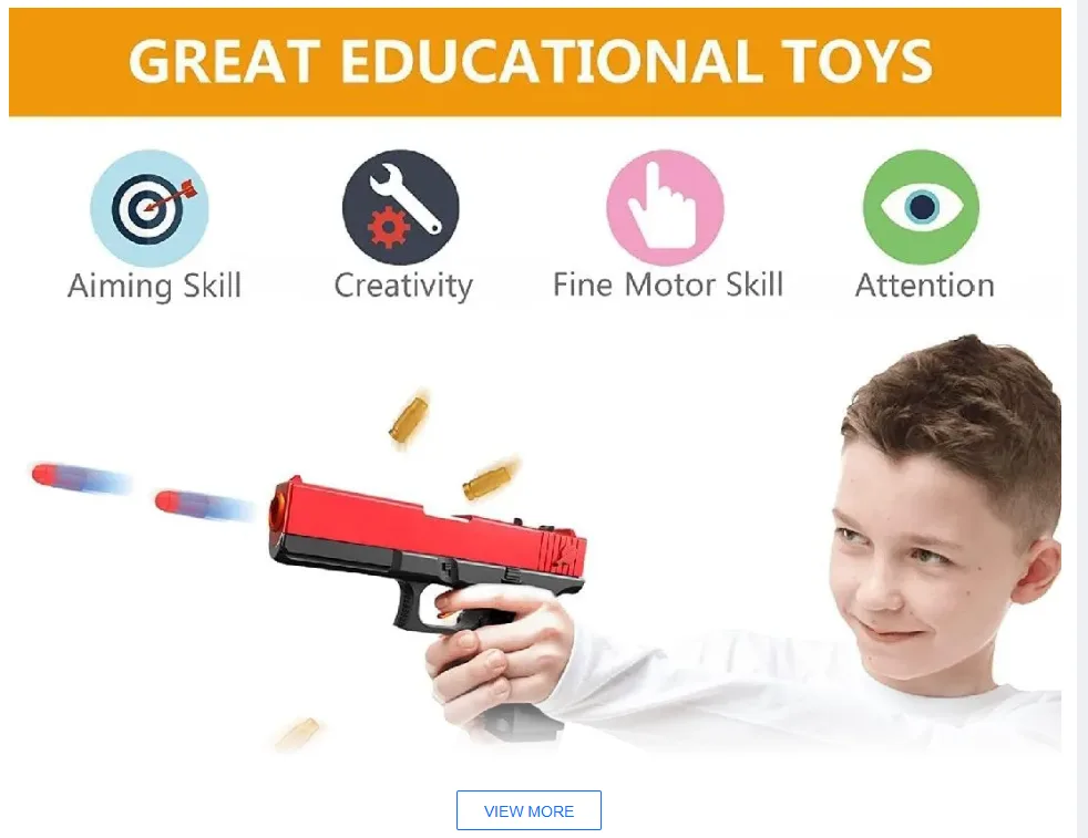 An advertisement image shows a young boy holding a red and black toy gun, with toy bullets flying out. Above him, four icons…