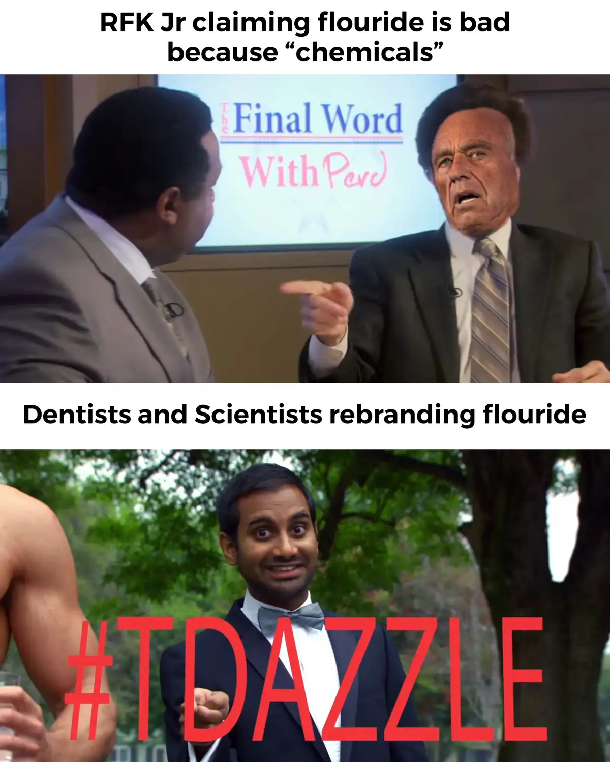 The top panel shows a man in a suit pointing angrily at another man during an interview on 'The Final Word With Perv'. The…