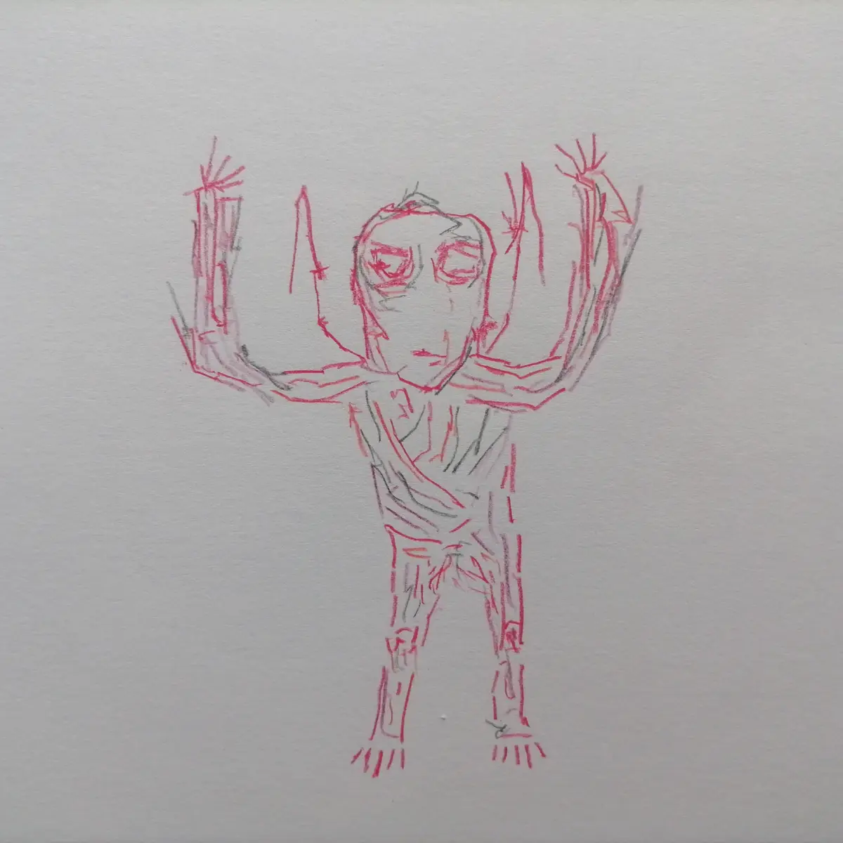A crude, childlike drawing on white paper depicts a humanoid figure with arms raised and hands open, rendered in red and…