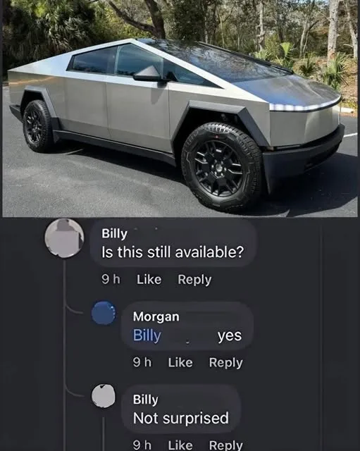 A silver Tesla Cybertruck is parked outdoors. Below it is a screenshot of a social media comment thread where Billy asks if…