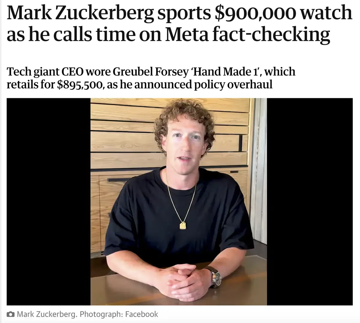 A screenshot of a news article shows Mark Zuckerberg seated at a table, wearing a black t-shirt and a gold pendant necklace…
