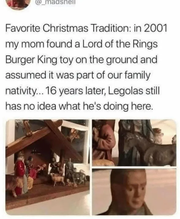 The image shows a nativity scene with various figurines, including a Lord of the Rings character, Legolas, placed among the…