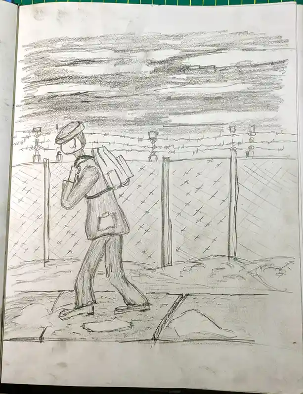 A pencil sketch depicts a soldier in uniform walking past a barbed wire fence, carrying a backpack, with a small mound of…