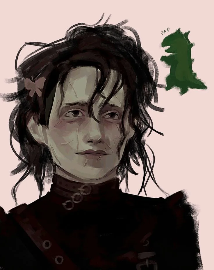 A digital painting of a person with messy dark hair, a small pink bow, and a dark high-collared outfit, looking directly at…