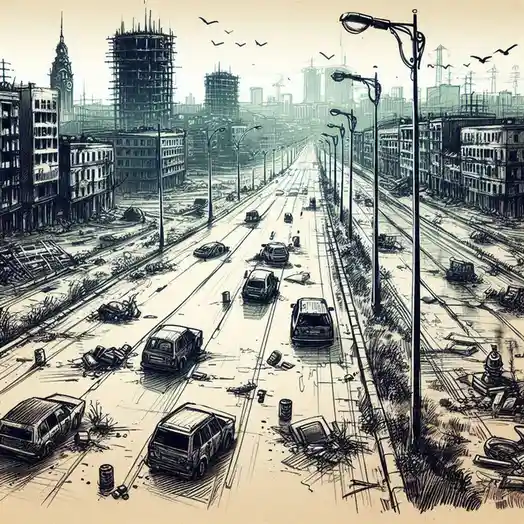 A sepia-toned, sketch-style illustration depicts a wide, multi-lane city street littered with abandoned, broken, and…