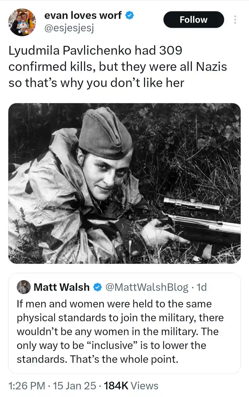 A black-and-white photo shows a woman in military uniform and cap, crouching in grass while holding a scoped rifle. The…
