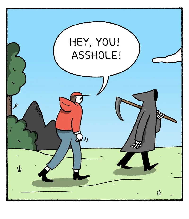 A cartoon depicts a person in a red hoodie and baseball cap walking away from a grim reaper figure holding a scythe. The…
