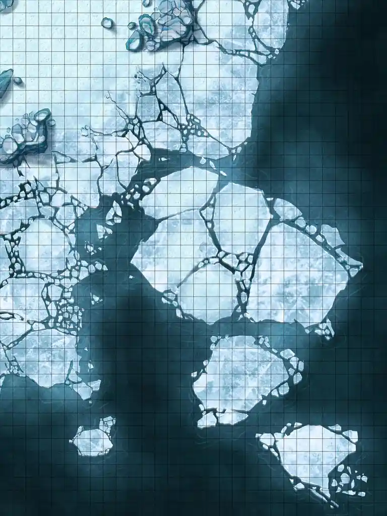 The image shows a top-down view of cracked, fragmented ice on a dark blue grid background, resembling a map or dungeon tile…