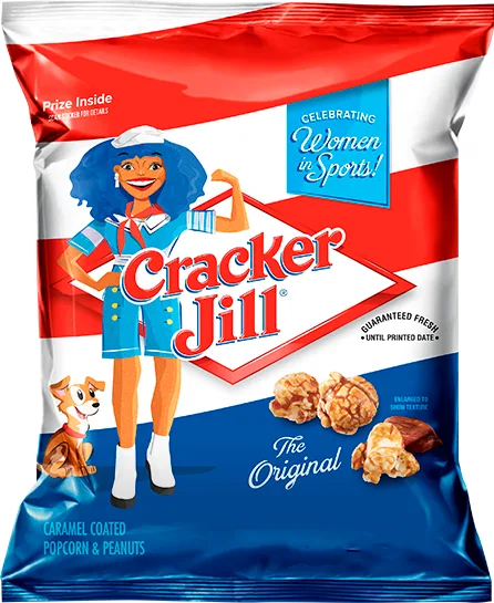 A Cracker Jill snack bag features a cartoon woman in a blue sailor-style outfit flexing her bicep, with a small dog beside…