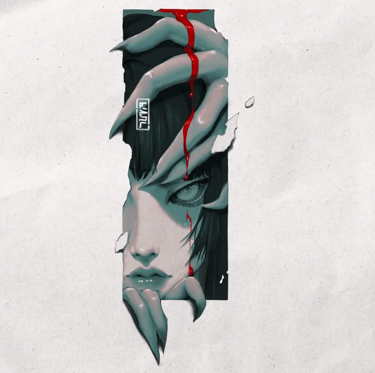 A stylized digital illustration shows a pale, teal-toned anime-style face peering through a torn hole in a textured white…