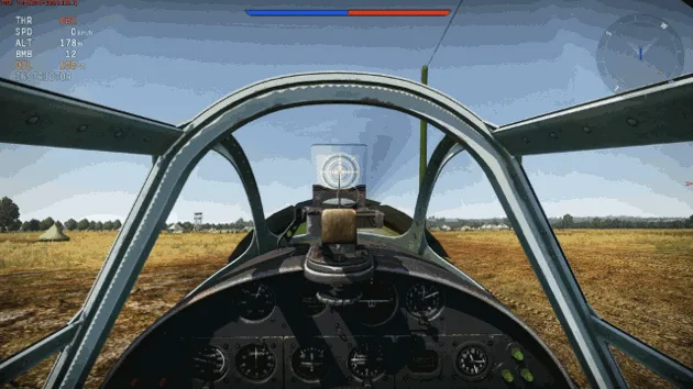 The image shows a split-screen sequence from a flight simulator game, starting with a cockpit view, then transitioning to a…