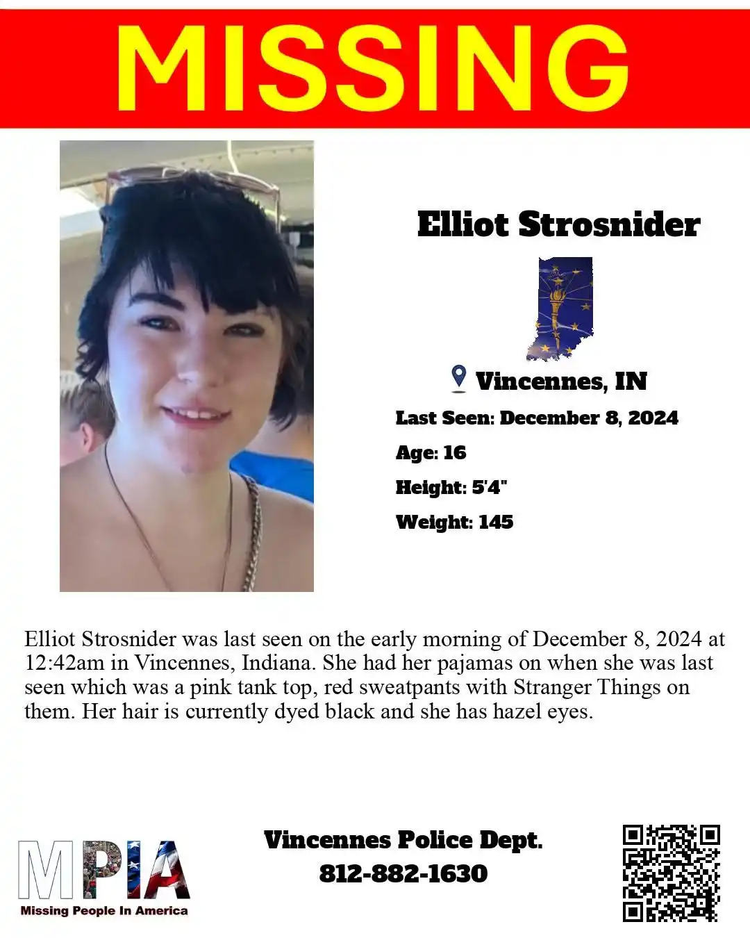 A missing person poster template features a photo of a young woman with dark hair and a smile, wearing a necklace and…