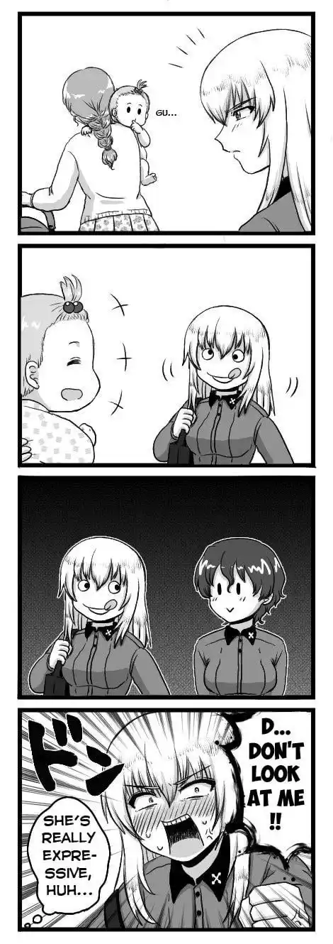 A four-panel manga comic shows a girl holding a baby who says 'GU...', then the baby smiles at her. The girl then looks…