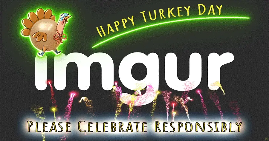 Six identical banners with a cartoon turkey, fireworks, and the text 'Happy Turkey Day', 'imgur', and 'Please Celebrate…
