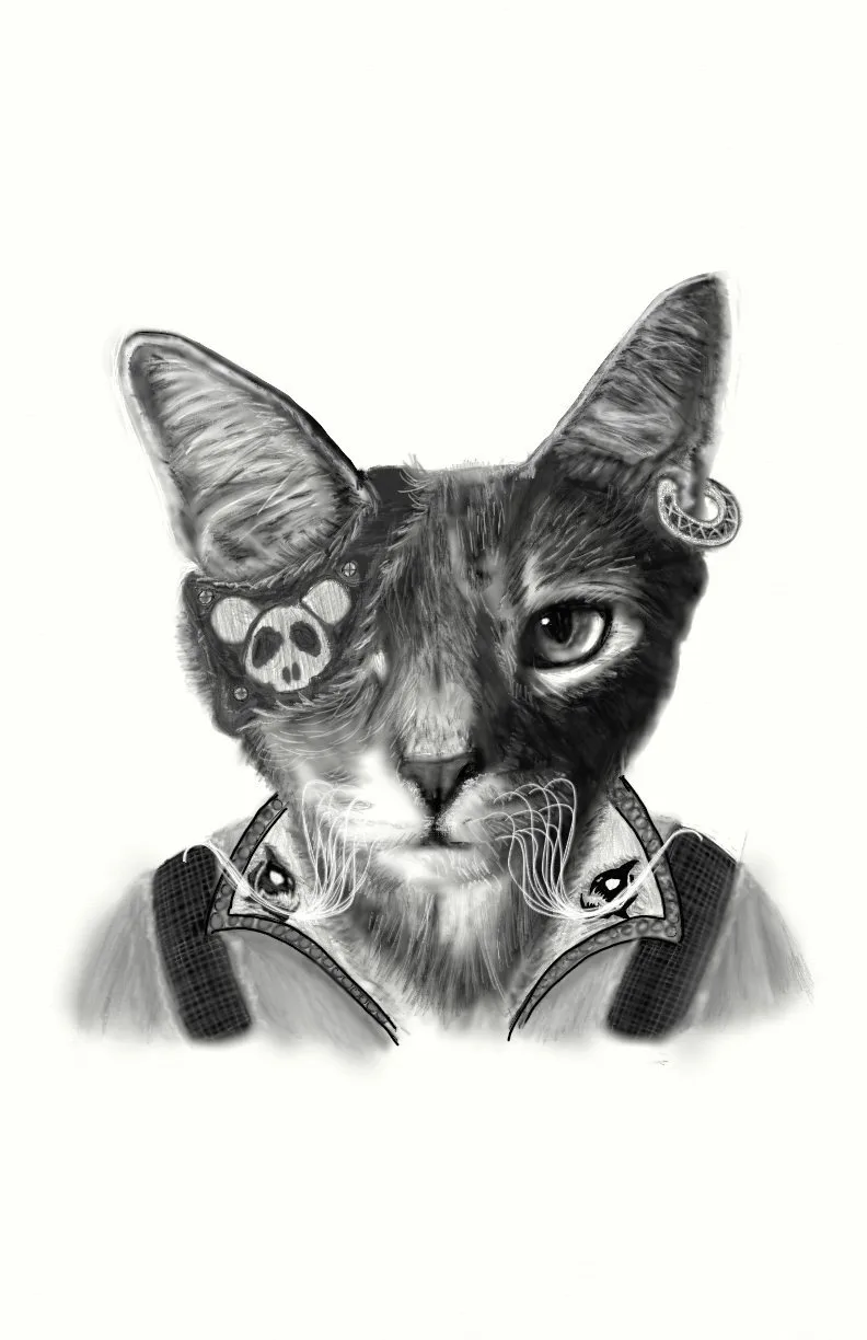 A black-and-white sketch of a cat wearing a jacket with skull patches on the shoulders and a skull-themed patch on its left…