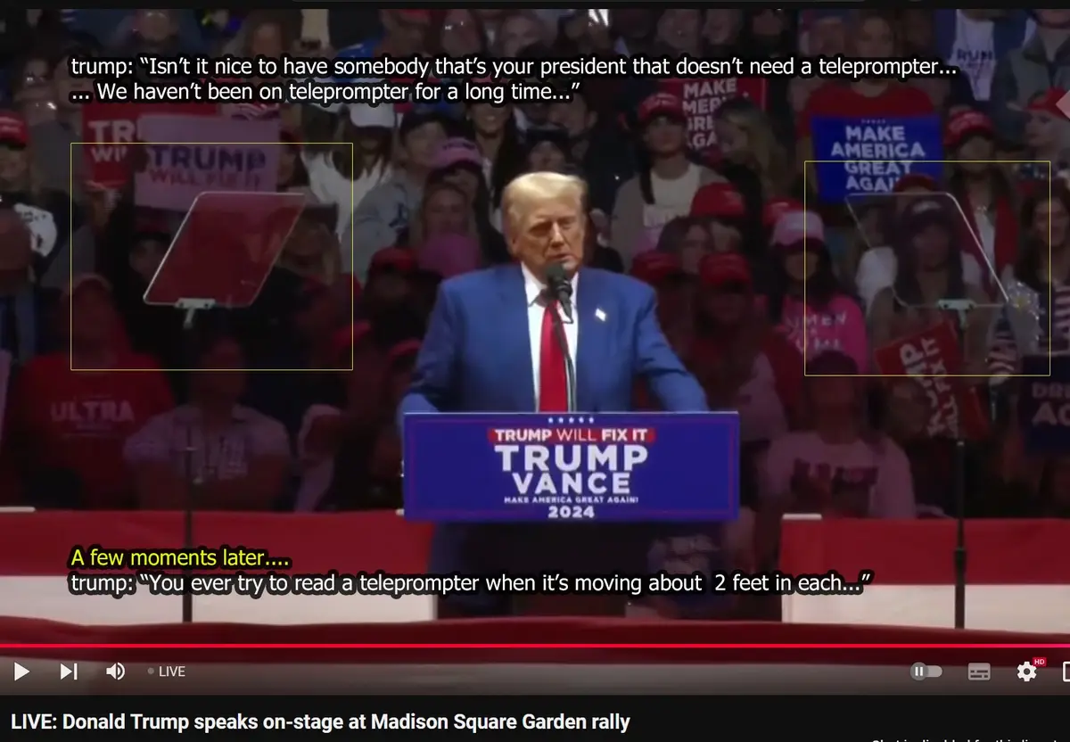 A screenshot from a Donald Trump rally shows him speaking at a podium with 'TRUMP VANCE 2024' branding. Two teleprompters…