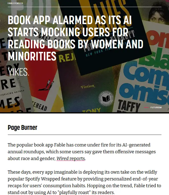 An article screenshot shows a headline about a book app called Fable that uses AI to generate annual reading summaries…