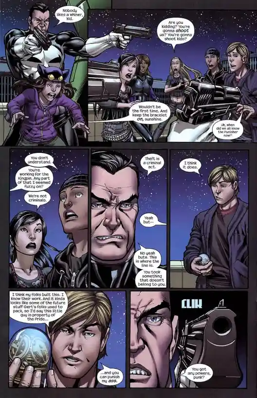 A comic book panel sequence featuring the Punisher confronting a group of young people, including a girl in a purple police…