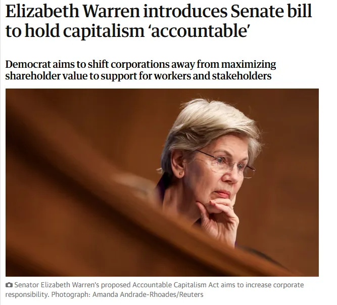 A news article screenshot shows Senator Elizabeth Warren looking thoughtful with her hand on her chin, framed by wooden…