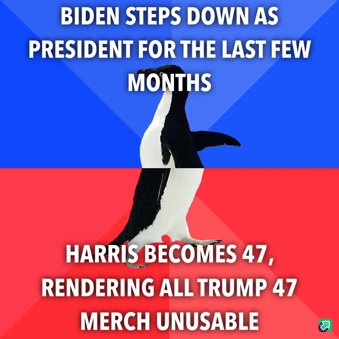 A penguin stands centered against a blue and red background, with white text overlaid. The top text reads 'BIDEN STEPS DOWN…
