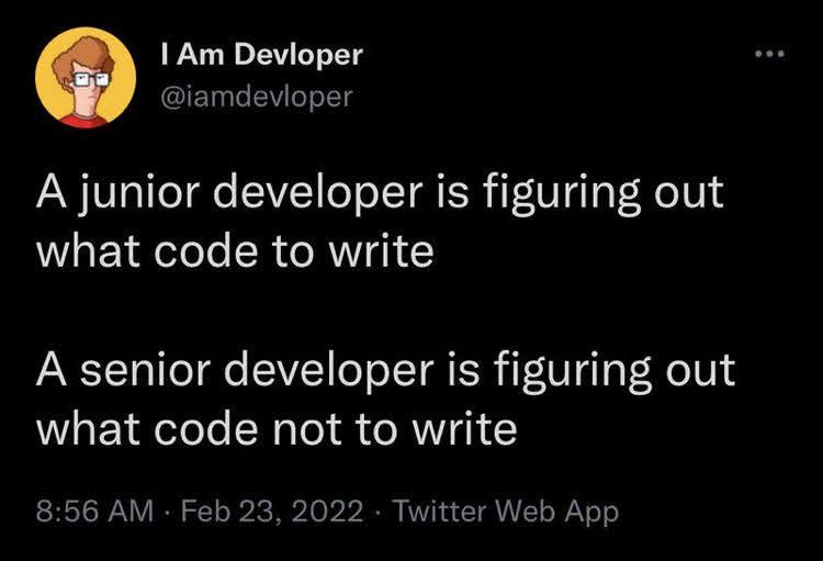 A screenshot of a Twitter post by 'I Am Developer' showing two lines of text: 'A junior developer is figuring out what code…