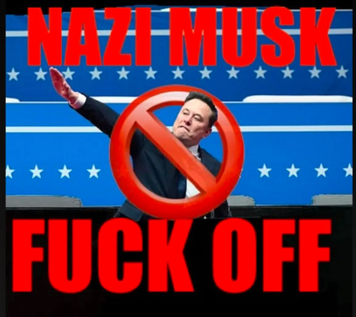 A man in a suit with his arm raised in a Nazi salute is overlaid with a large red prohibition symbol. The background is blue…