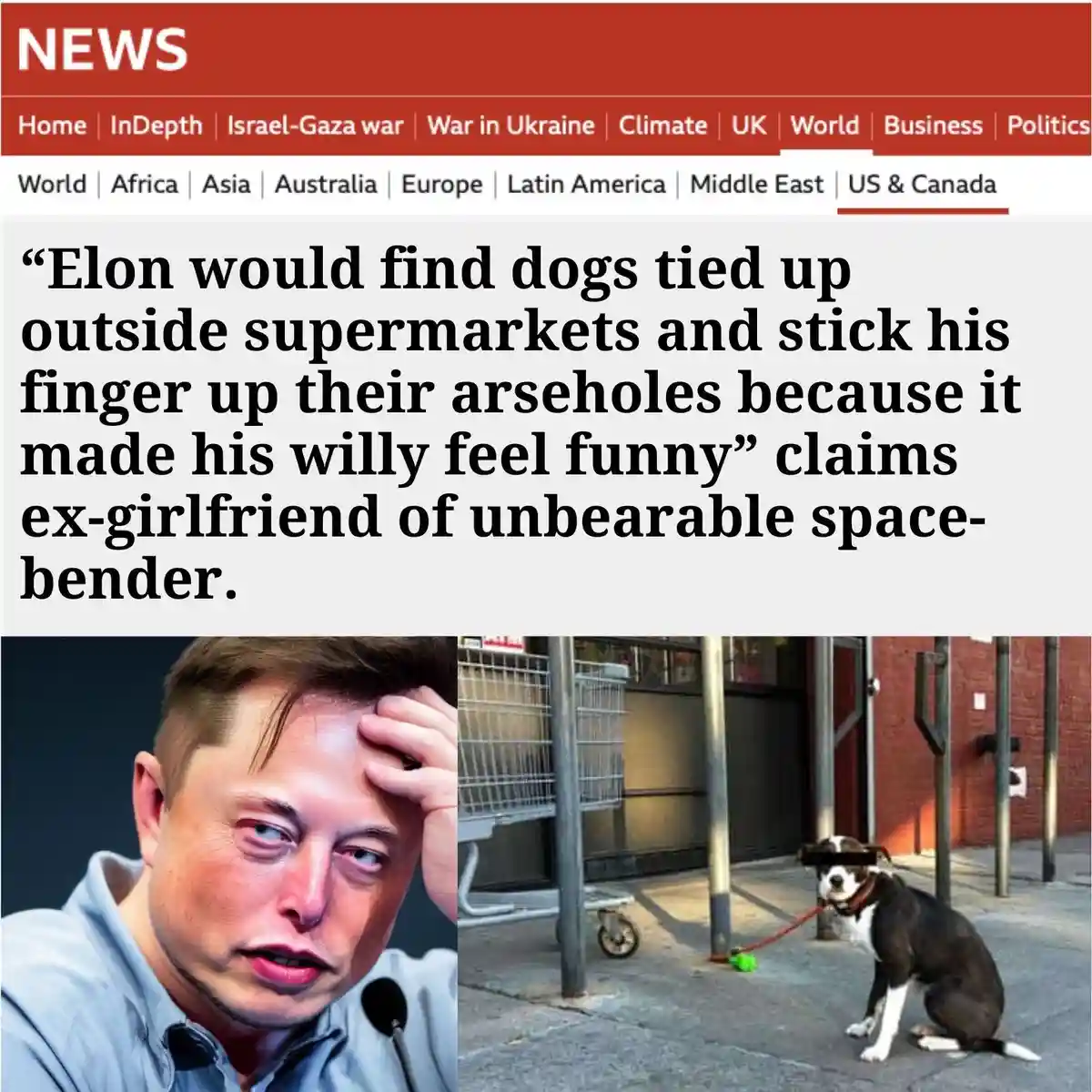 The image displays a fake news article layout with a red header and navigation links. The main text is a satirical quote…