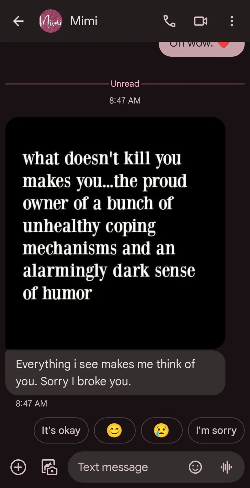 A screenshot of a text message conversation with a contact named 'Mimi'. The message bubble contains white text on a black…