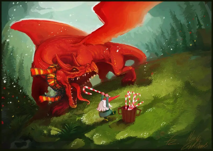 A whimsical fantasy illustration shows a tiny gnome in a red hat and green pants offering a candy cane to a massive red…