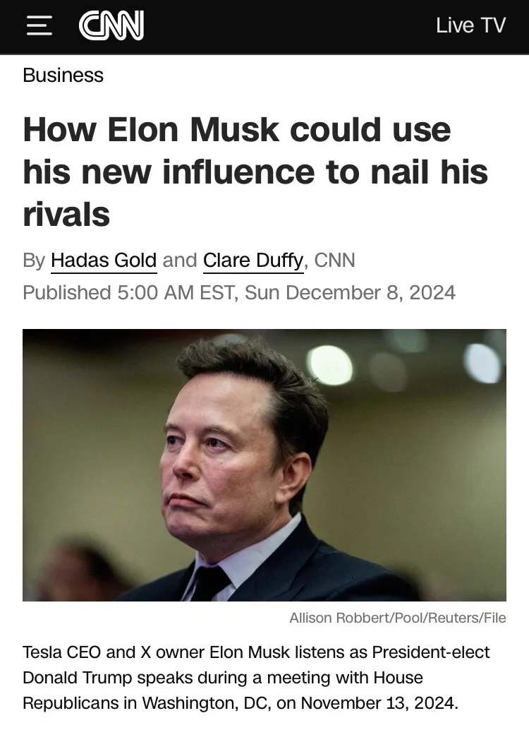 A screenshot of a CNN Business article from December 8, 2024, featuring a photo of Elon Musk looking serious. The headline…
