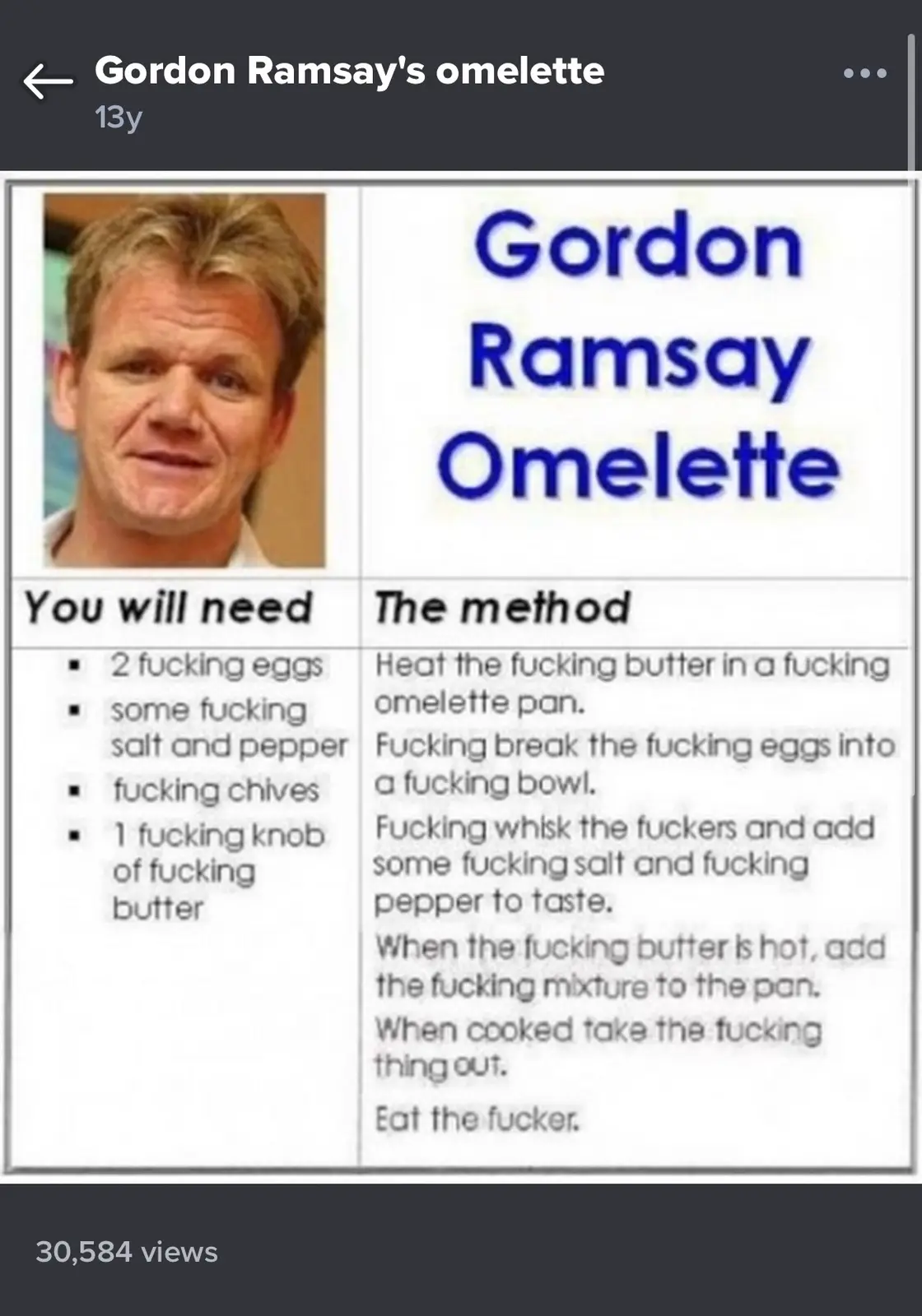 The image displays a mock recipe titled 'Gordon Ramsay Omelette' featuring a photo of chef Gordon Ramsay. The recipe lists…