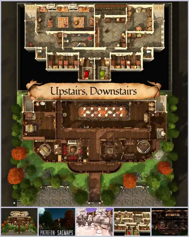 An overhead view of a detailed, two-story fantasy mansion floor plan, with the top floor showing cramped, utilitarian rooms…