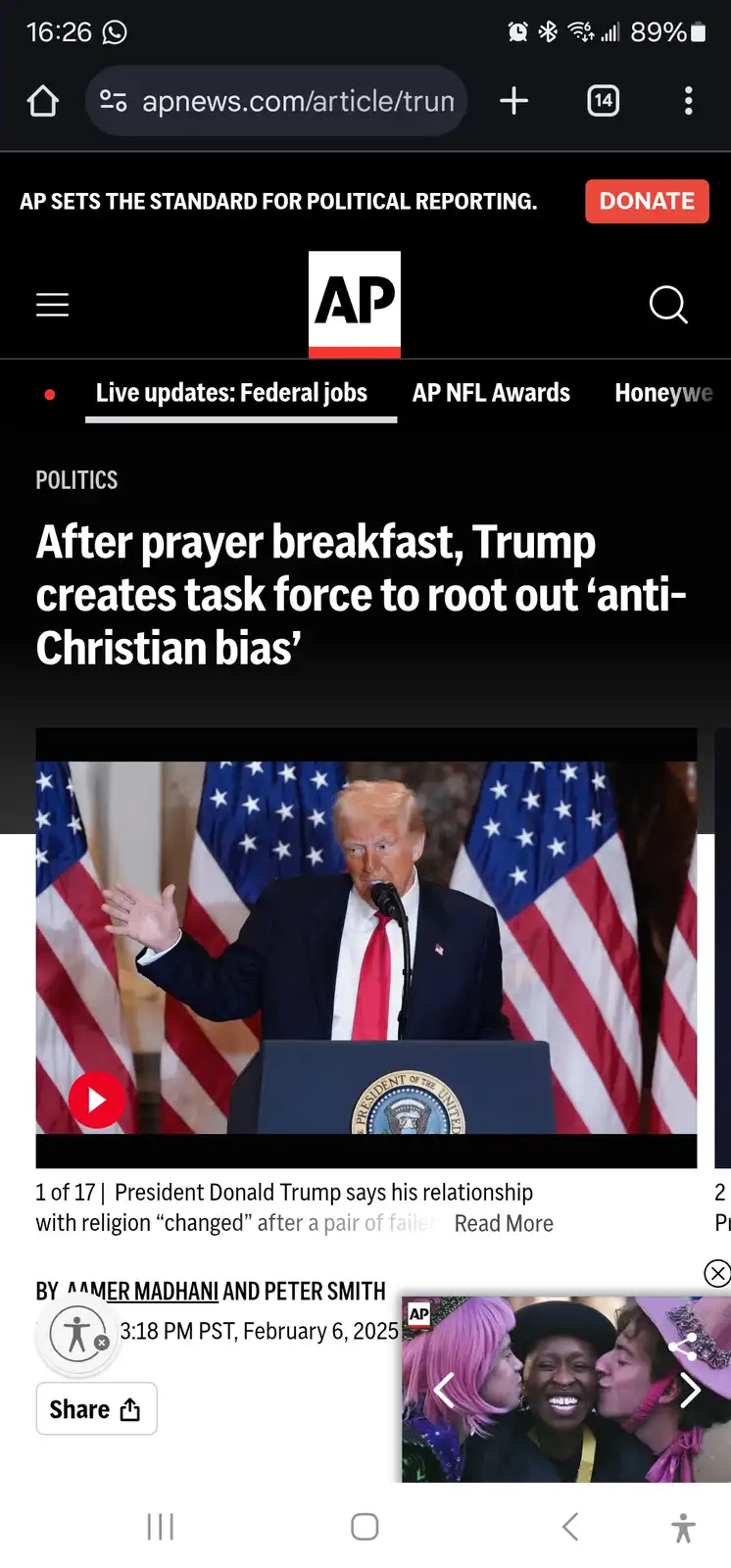 A screenshot of an AP News article shows a photo of Donald Trump speaking at a podium with American flags behind him. The…