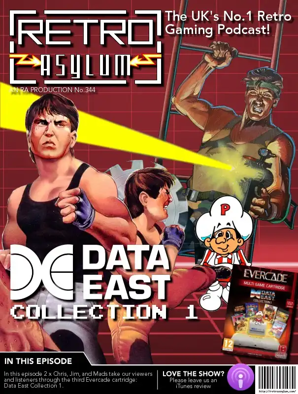 A retro gaming podcast cover parodying a video game magazine, featuring muscular characters from Data East games, a cartoon…