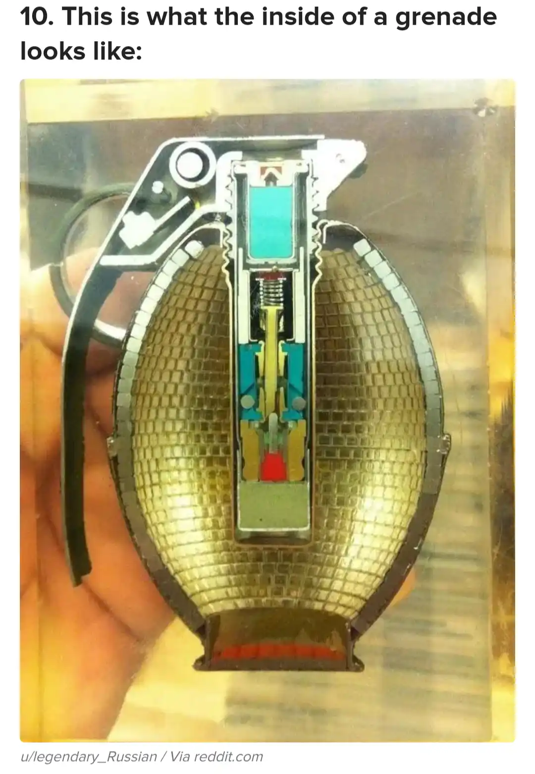 A cutaway model of a grenade is held in a hand, revealing its internal mechanical components like the fuze, spring, and…